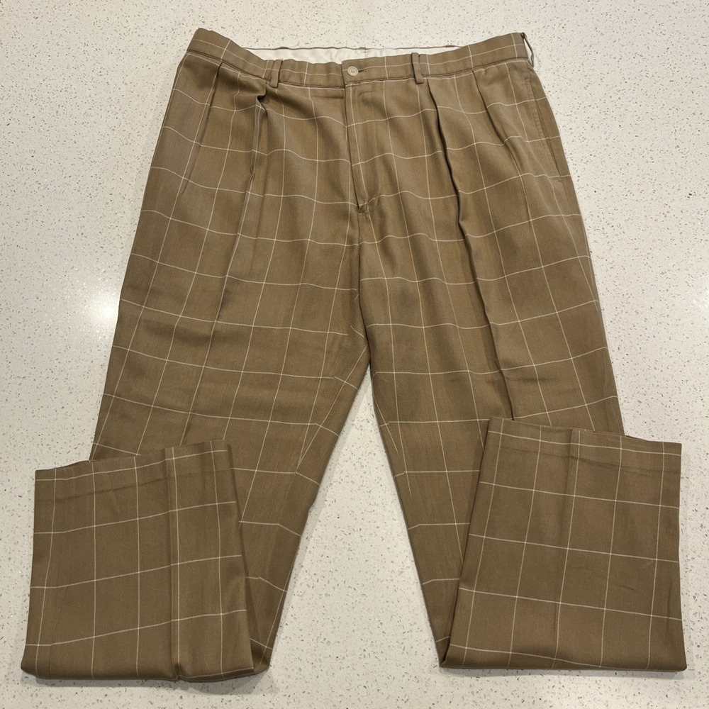 Polo Golf  Pants Mens 38/33 Brown Windowpane Pleated Wool‎ Silk Cotton